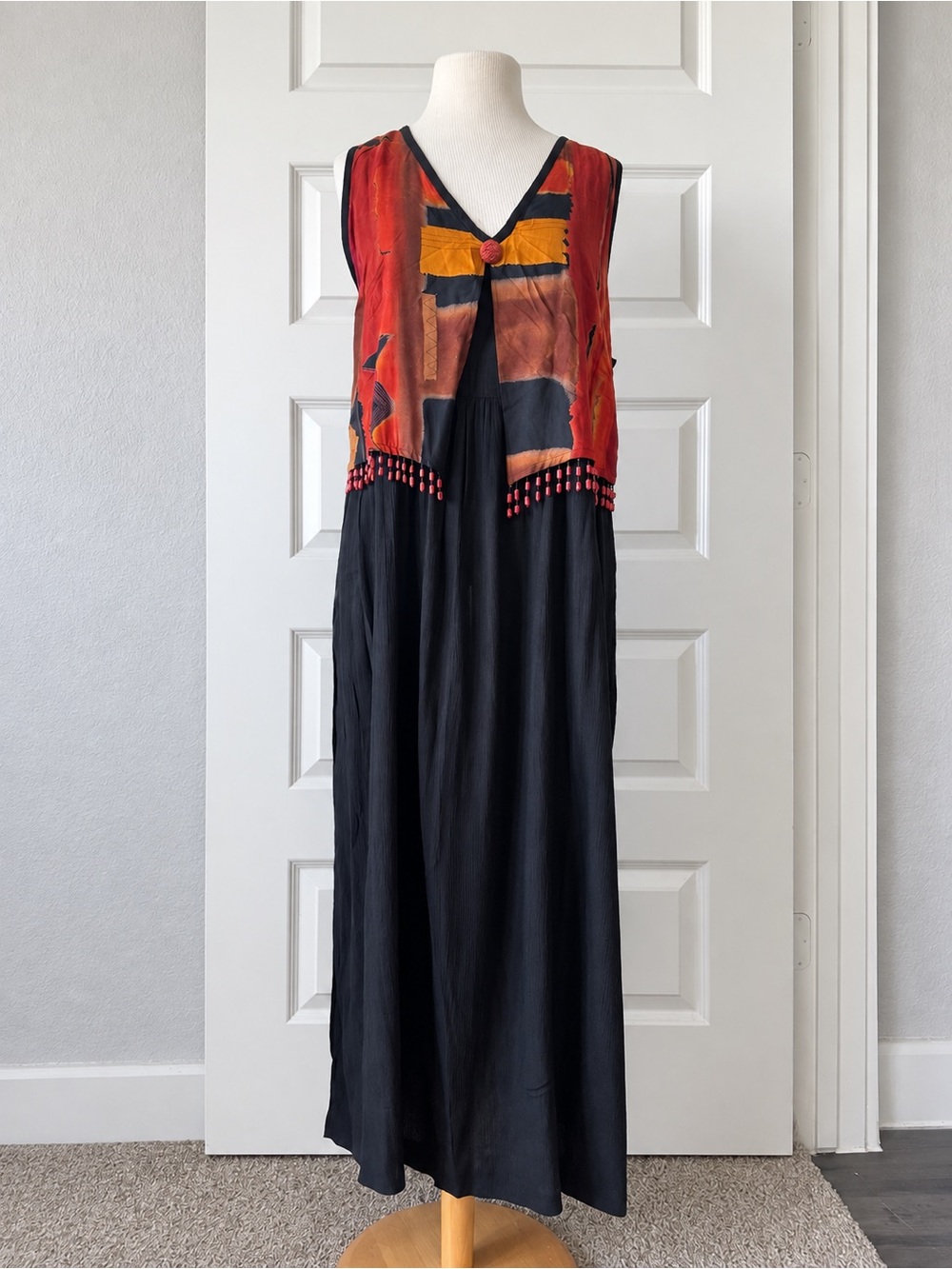 Vintage Maren Black Rayon Maxi Dress Art Print Beaded Boho